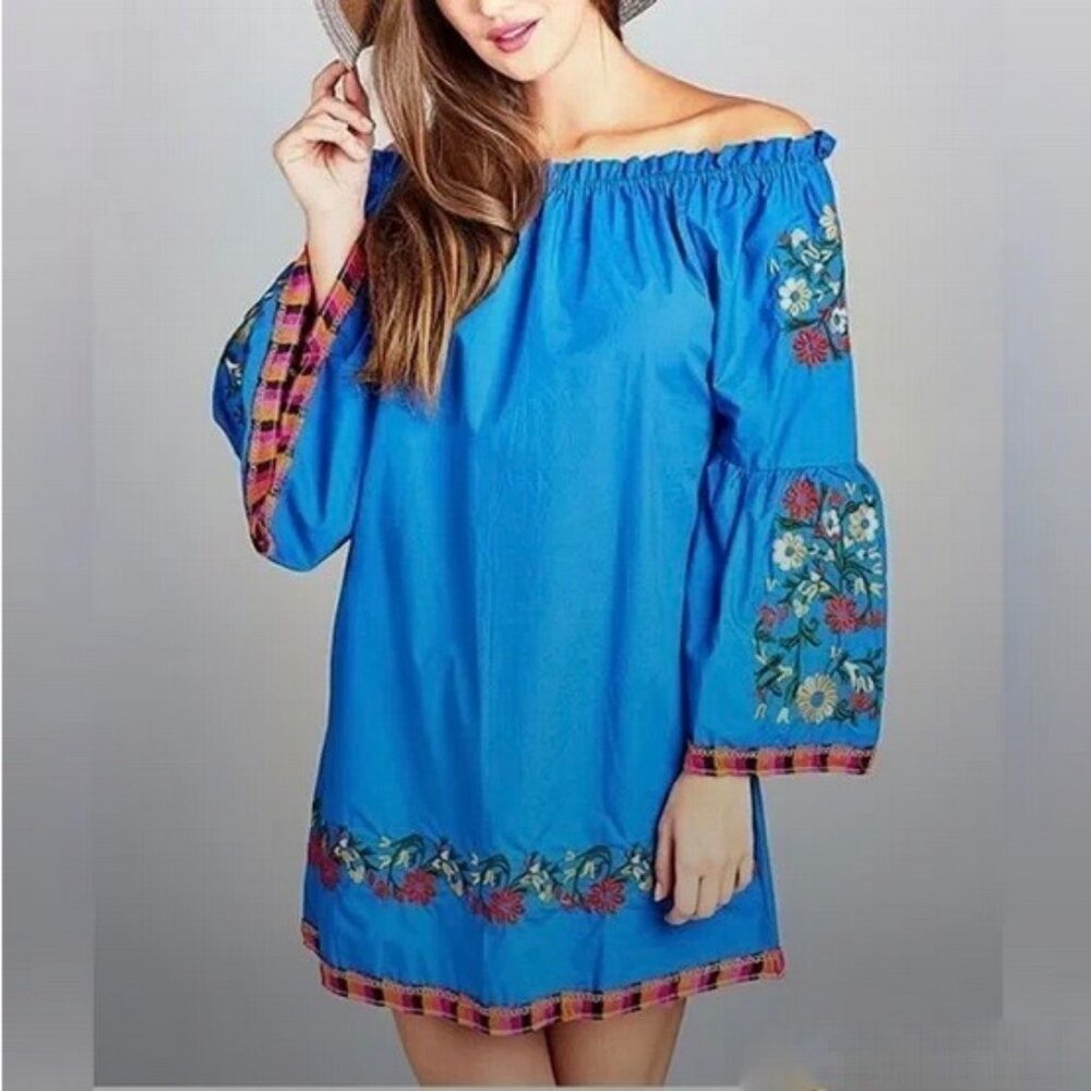Velzera Royal Blue Embroidered Bell Sleeve Mini Dress Tunic S - Picture 2 of 10
